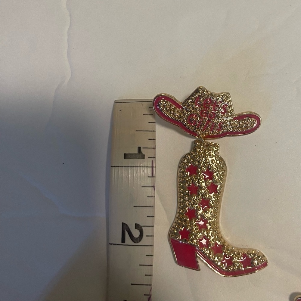 Cowboy Hat Boots Earrings Let’s Go Girls Concert Hoedown New Hot Pink Gold - Picture 5 of 16